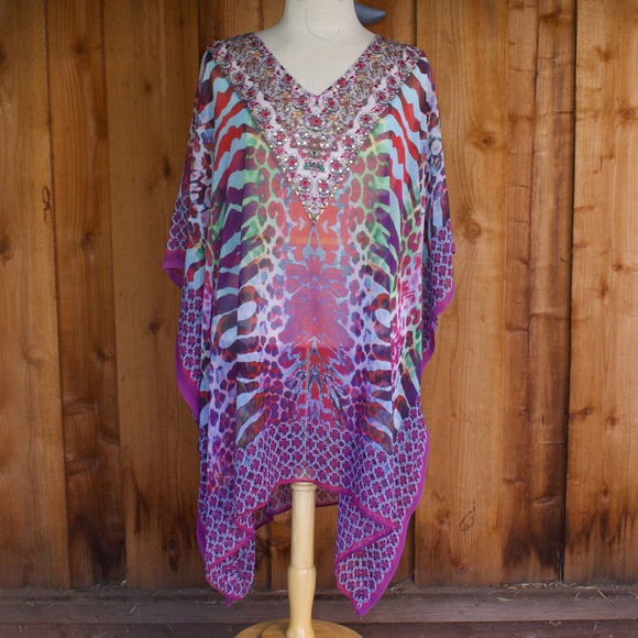 Miss G Bags Bejeweled Animal Print Chiffon Kaftan Poncho Blouse Size M - Picture 1 of 16